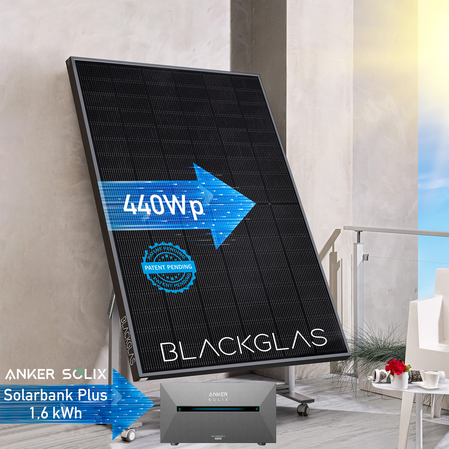 BLACKGLAS ECOzoomPRO mit ANKER 1,6 kWh Batterie Speicher, Aluminium Rahmen 60mm Schwarz und Gestell aus 40x40mm Aluminium Profil silber eloxiert